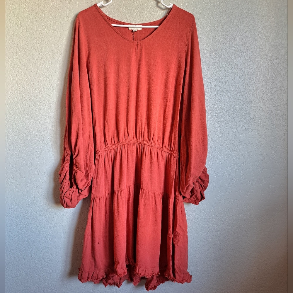 Umgee Burnt Orange Linen Blend Frayed Hem Boho Dress Size Small